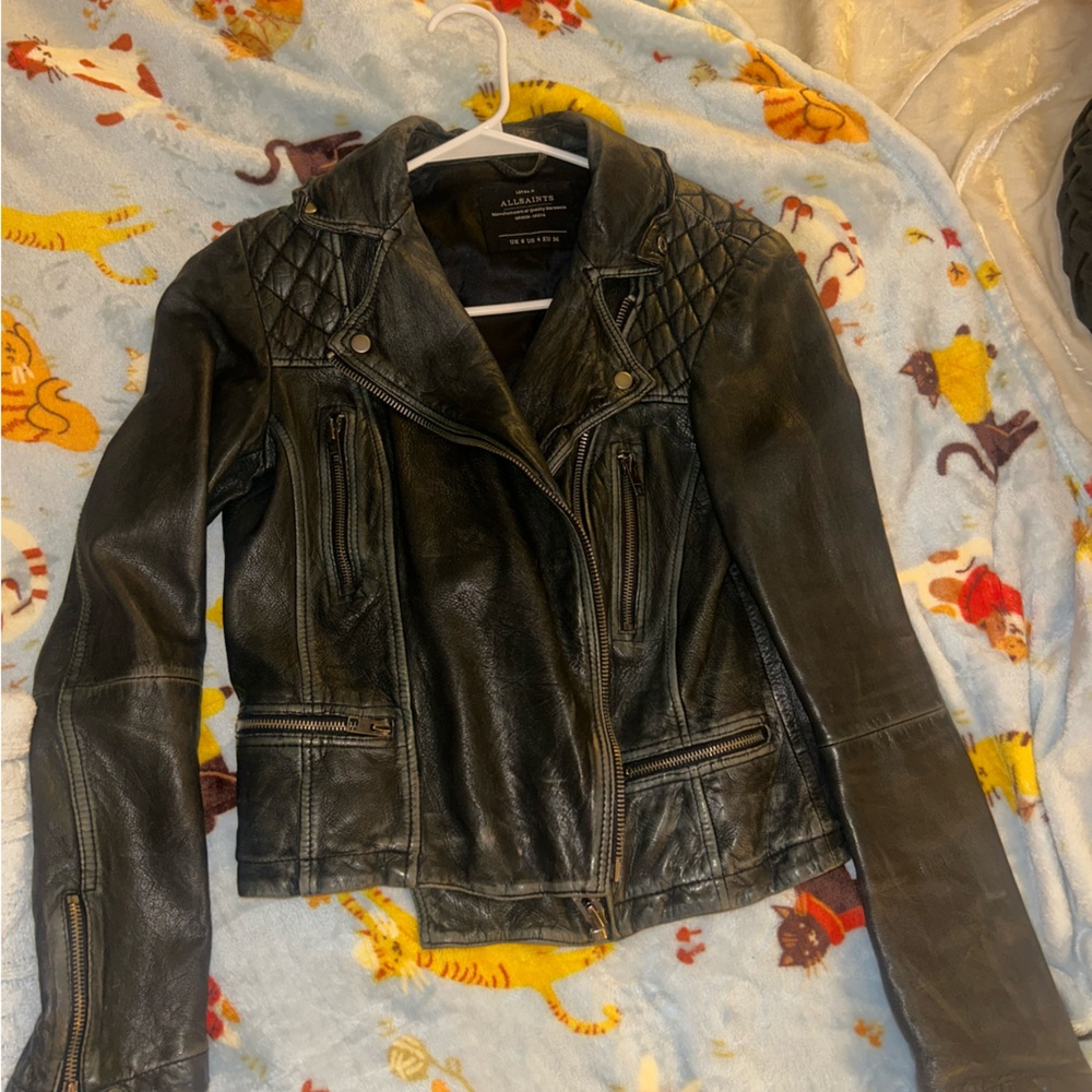 All Saints Quilted Black Leather Jacket